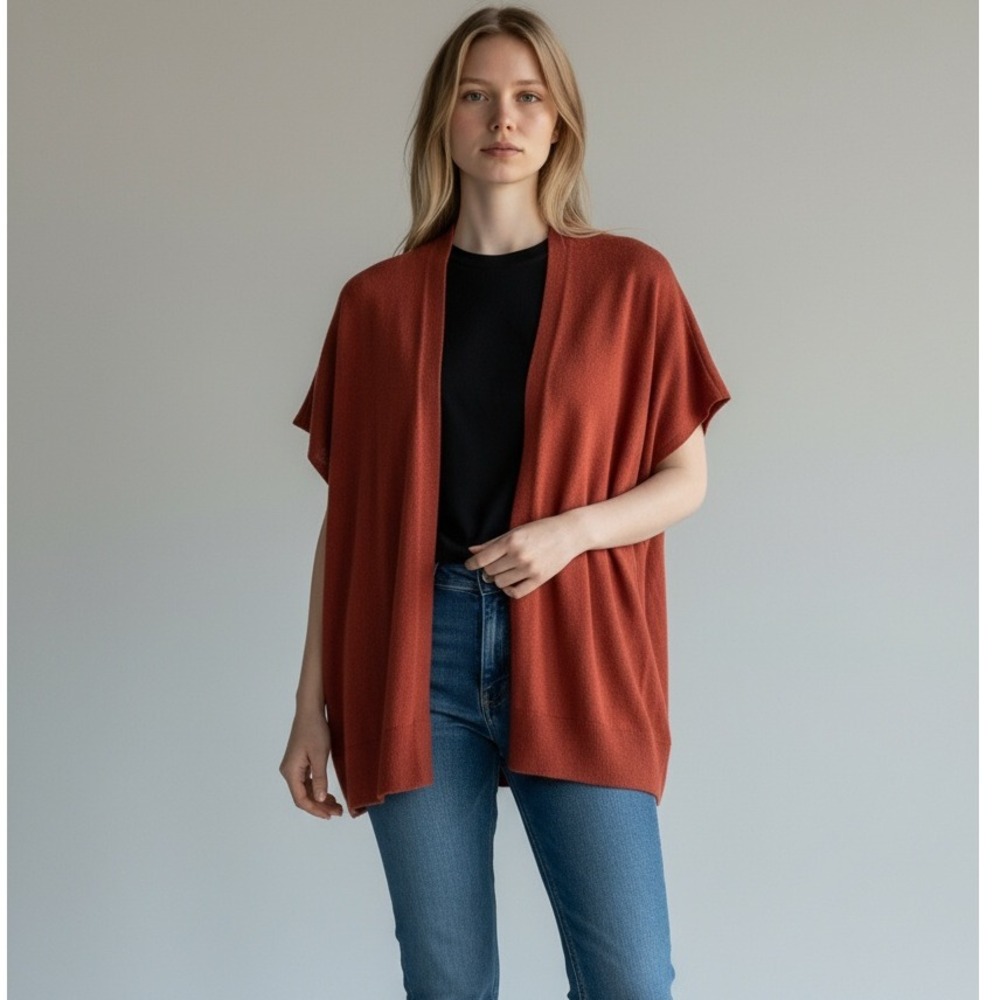LOFT Sleeveless Duster Cardigan Vest Rust Open Front Wool Blend XS/S Lagenlook